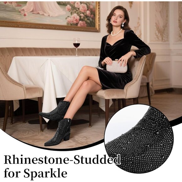 ⚡Women’s Ankle Rhinestone Black Cowboy Boots Mid Calf Pointed Toe Block Heel - Picture 4 of 6